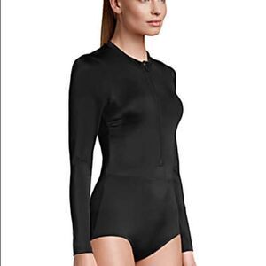 Land’s End Rash guard one piece long sleeve swimsuit 1/4 zip black Various Size